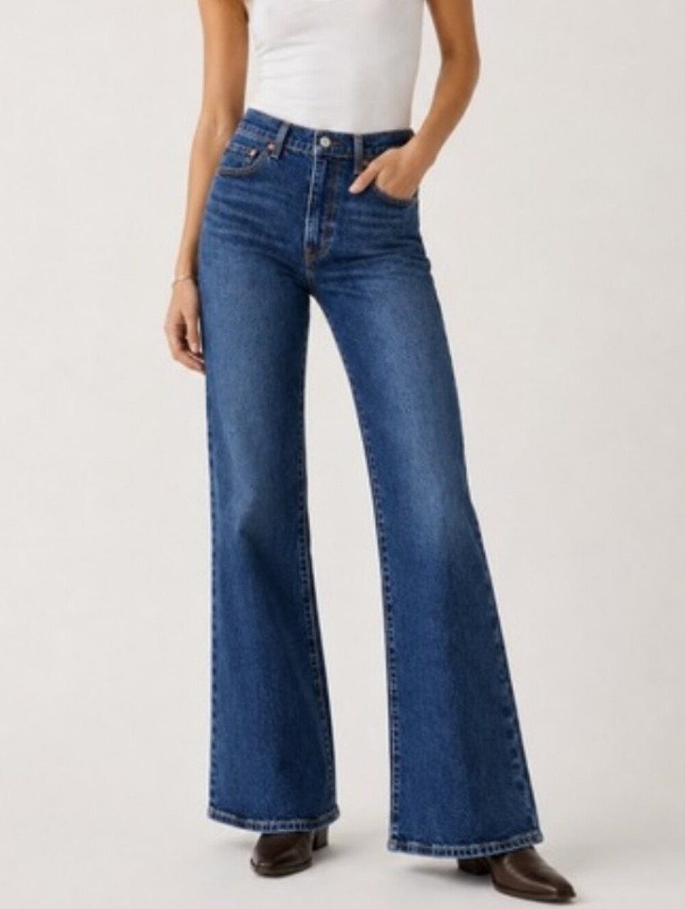 Levi's Premium Ribcage Bell High-Rise Wide Leg Jeans in Dark Blue Size 27
